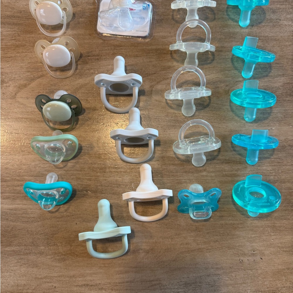 20 Assorted Baby Pacifiers in Blue, Green, and White
